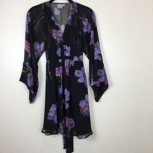 ASOS Women's Dress Size 0 Kimono Sleeves V Neck Black Purple Pink Floral Print